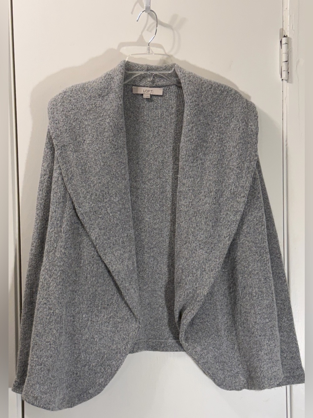LOFT Gray Open-Front Knit Cardigan with Shawl Collar